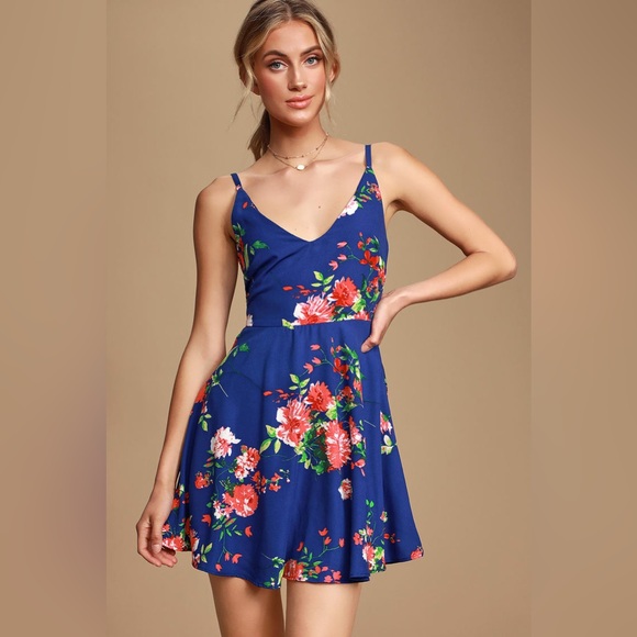 🆕Lulus Bridge to Love Cobalt Floral Print Skater Mini Dress M - Picture 7 of 8